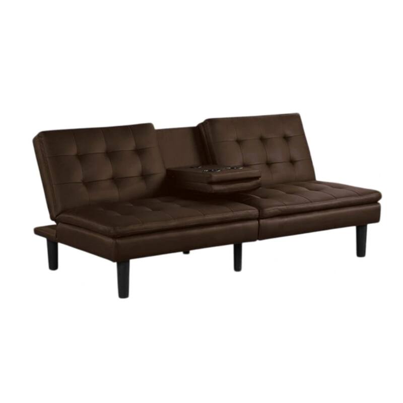 Berie Futon Sofa Bed, Drop-Down Tray and Cupholder, Brown Faux Leather