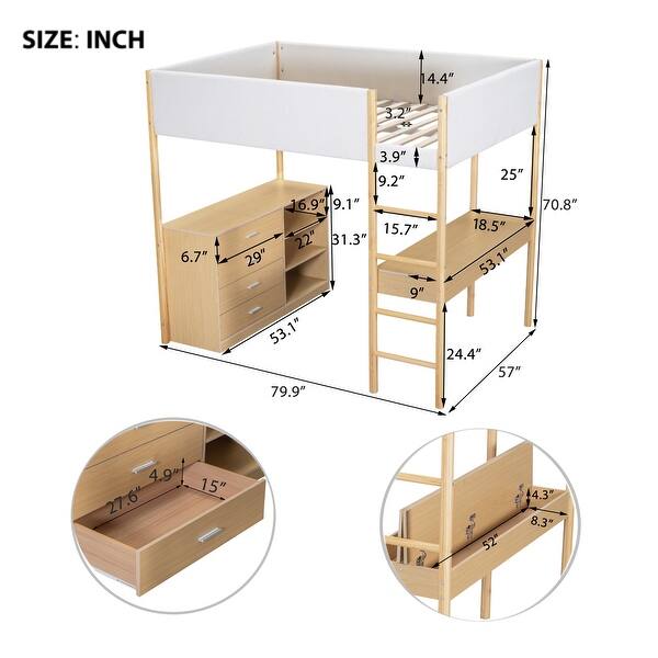 dimension image slide 2 of 6, Kids Loft Bed Elegance Teddy Fleece Loft Bed with Full Length Guardrail, Storage Shelf, 4 Drawers, and Convertible Desk