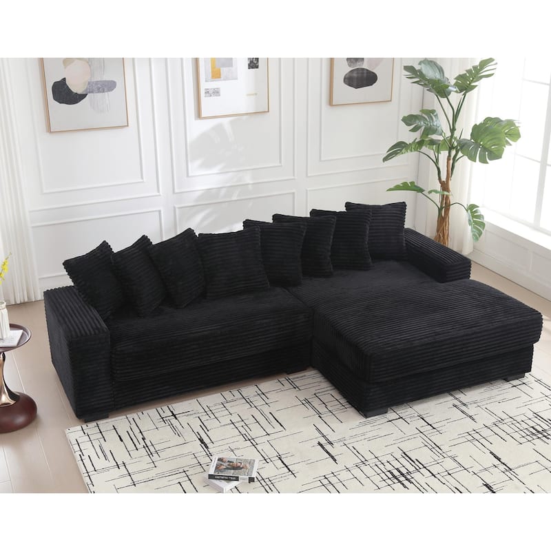 111" Corduroy Upholstered L-Shaped Sectional Sofa with Oversized Chaise Longue and 8 Throw Pillows