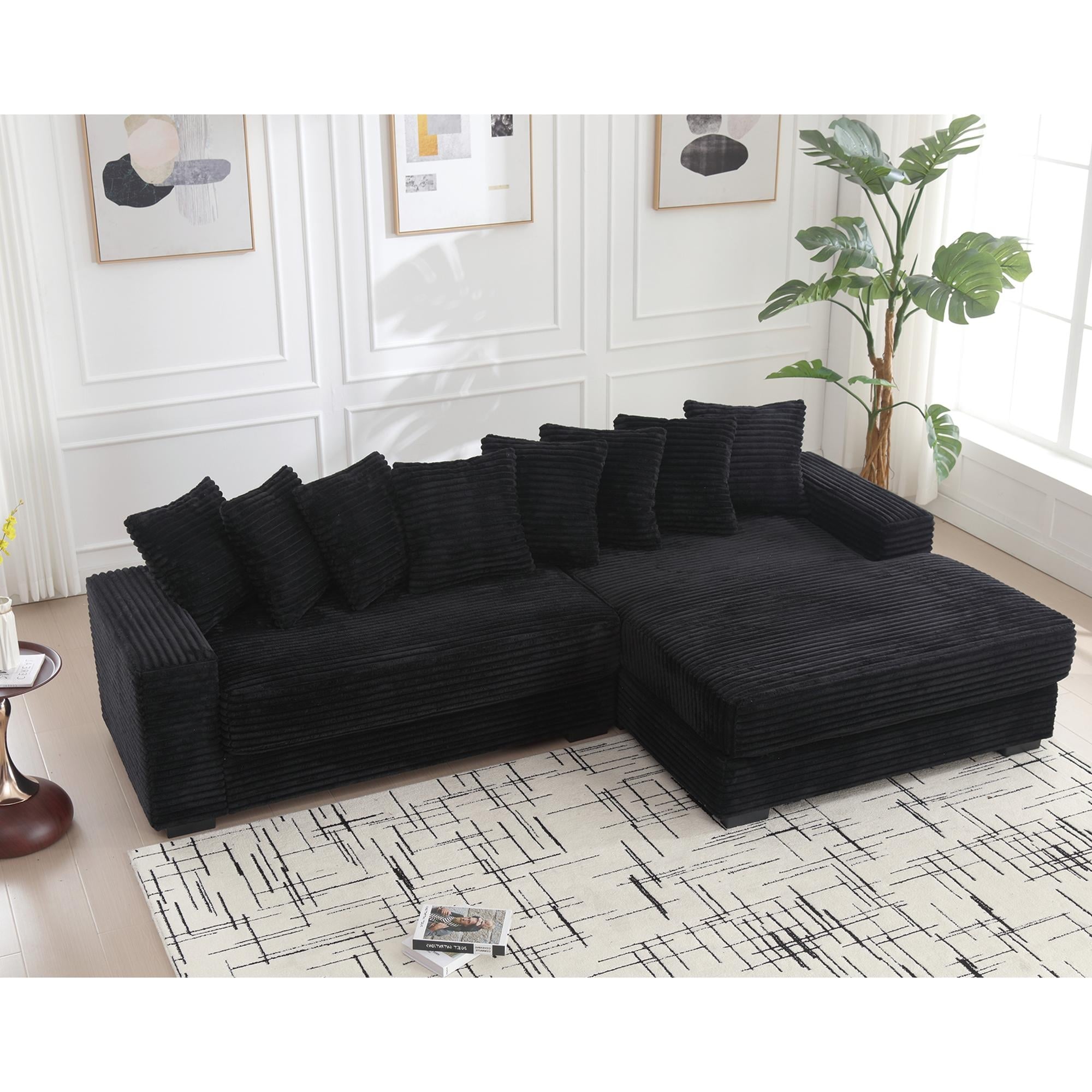 L Shaped Modular Sectional Sofa with Chaise, Oversized Corduroy Upholstered Sleeper Sofa, Floor Corner Sofa with Throw Pillows