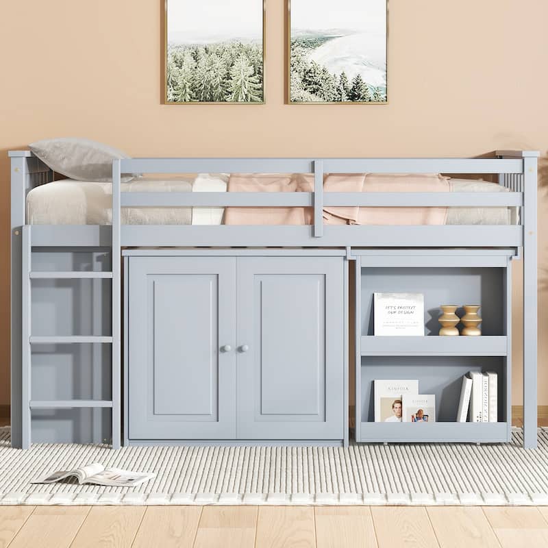 Twin Loft Bed with Pull-Out Desk & Storage and 2 Cabinets, 4 Drawers & Shelves(250lb Capacity) - Grey