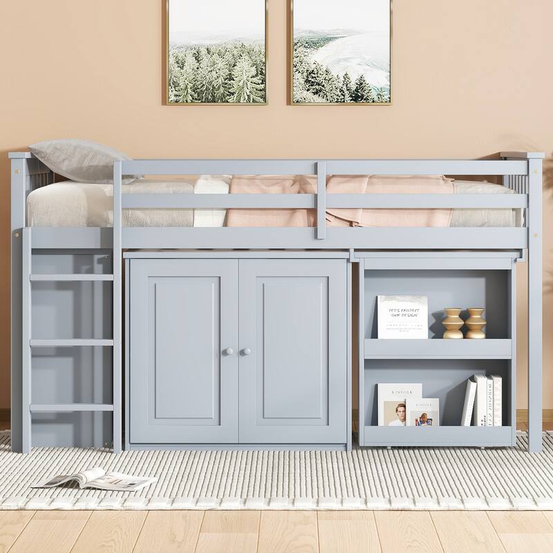 Twin Loft Bed with Storage Cabinet, Drawer and Shelf Cabinet and Pulling-Out Desk, Rubber Wood Loft Bed with Safety Guardrail - Grey