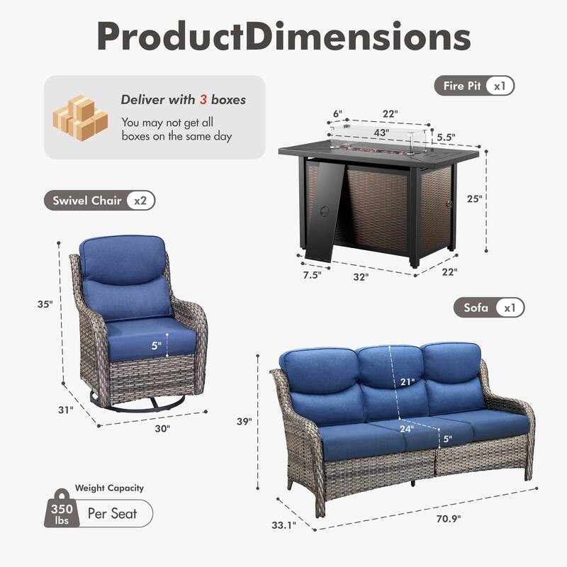 Meyreso 4-Piece Outdoor Patio Metal Fire Pit Wicker Conversation Set with 5-Inch Thick Olefin Cushions
