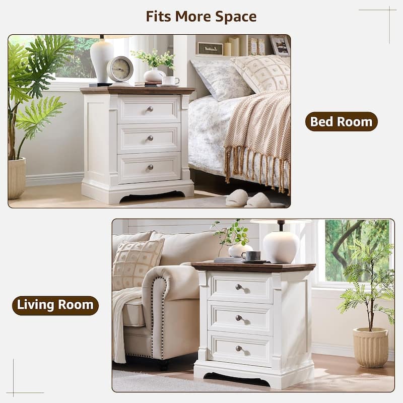 Farmhouse 3 Drawers Nightstand with Charging Station, Rustic End Table