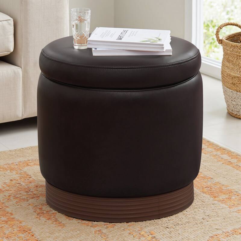 Round Swivel Storage Ottoman Footstool with Flip-top and Acacia Frame