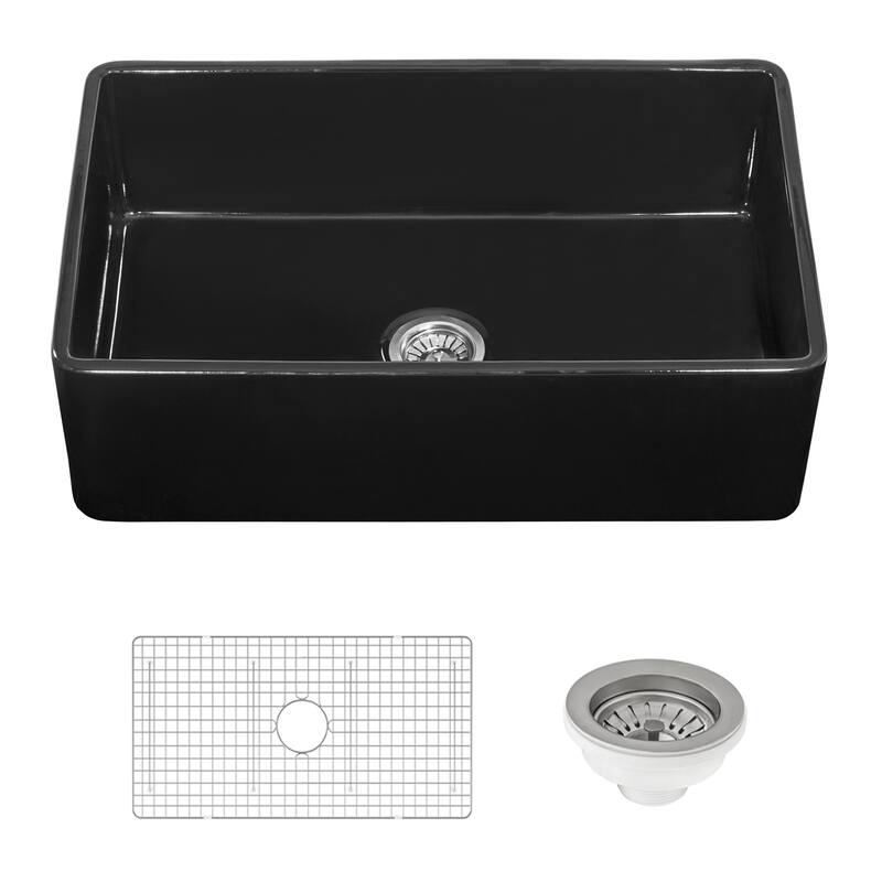Ruvati 33 x 20 inch Fireclay Reversible Farmhouse Apron-Front Kitchen Sink Single Bowl - Gloss Black - RVL2300BK