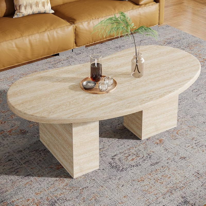 45.28 Inches Oak Wood Modern Oval Coffee Table for Living Room