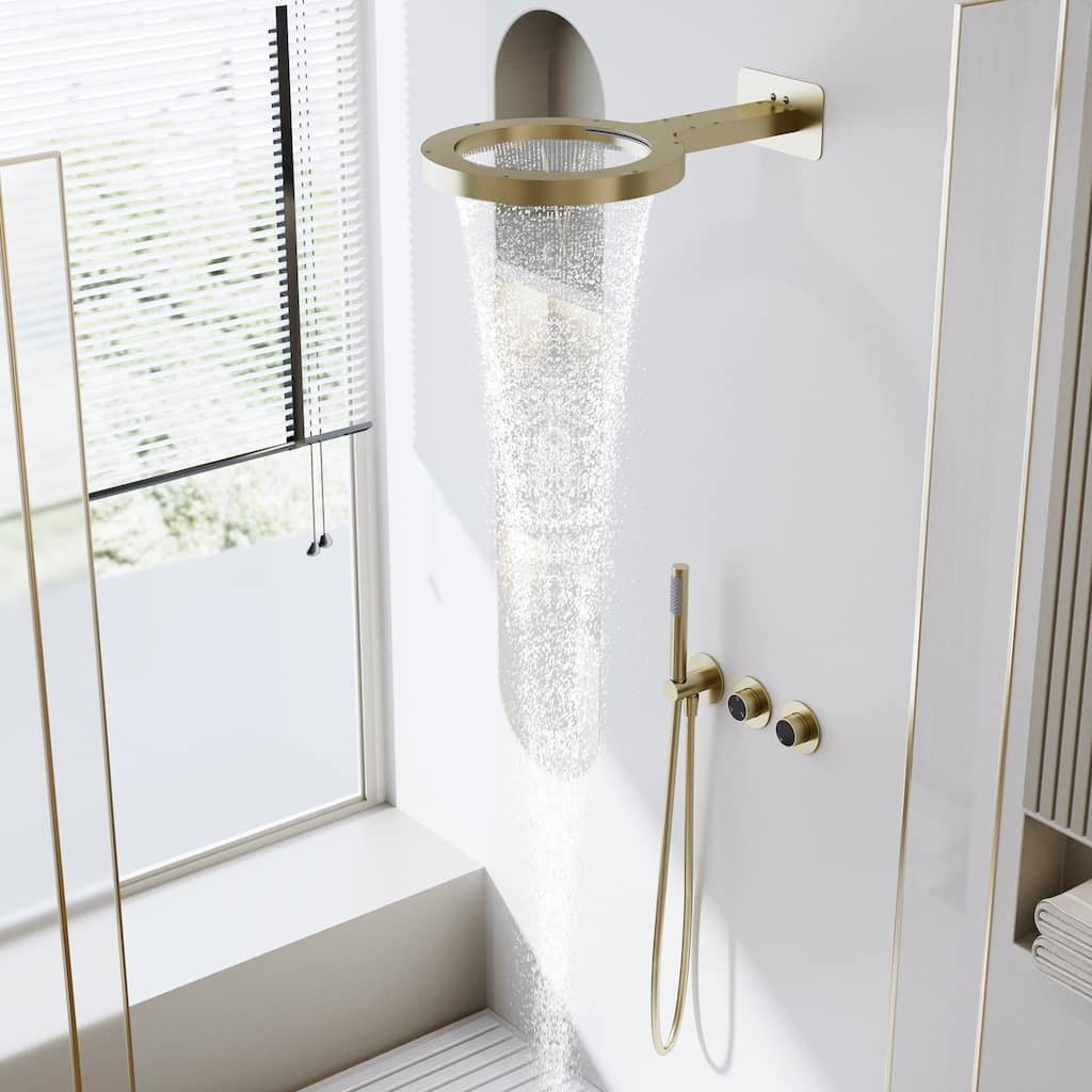 Modland 14" Rainfall and Waterfall Shower System with Handheld, Solid Brass Concealed Faucet Set, Black / Gold / Chrome