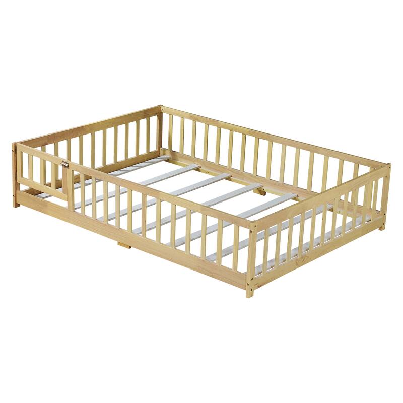 Full Size Floor Bed With Fence And Door,Rubber Wood Floor Bed With Safety Guardrails