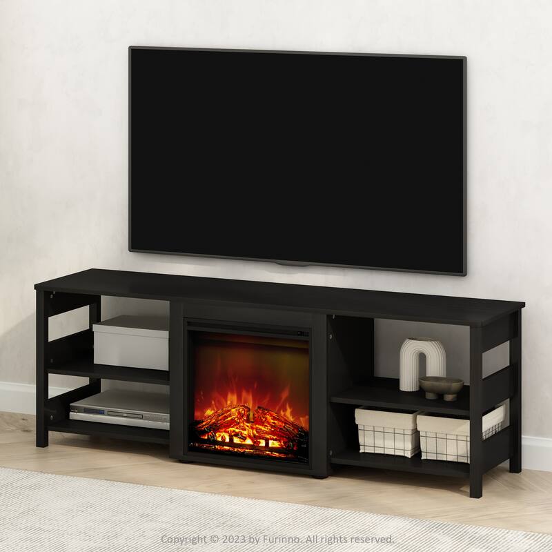 Furinno Classic No Heat Decorative Electric Fireplace TV Stand for TV up to 70 Inch with Open Shelves, Americano