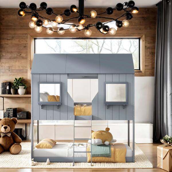 slide 2 of 11, Playhouse Design Bunk Bed With Roof, Window, Guardrail, Ladder, Twin Over Twin Loft Bed With Shouse Shape Top Grey