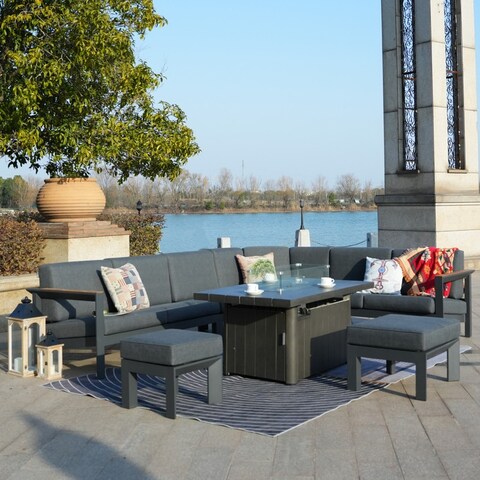 7-Piece Patio L-Shape Sofa Set with Rectangle Firepit Table and Ottomans