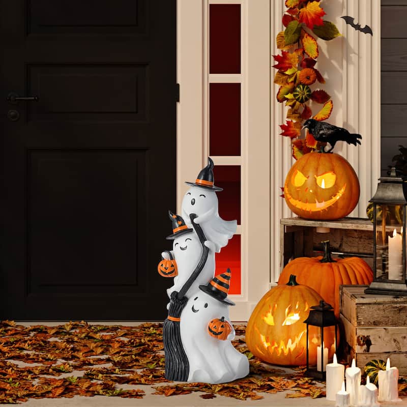 Glitzhome 21.75"H Halloween Resin Stacked Ghost Riding a Broom Figurine Porch Decor