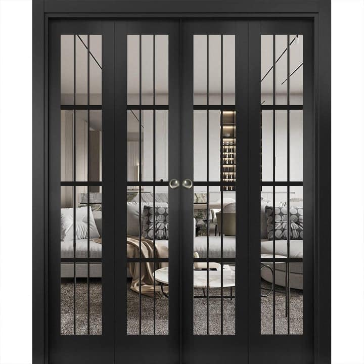 SartoDoors Felicia 3355 | Closet Door Bi-fold Door | Solid Wood w/ Glass | Hardware Set | 72x80, Matte Black Bedroom Door