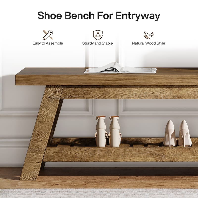 2-Tier Entryway Shoe Bench with Storage, 55-Inch Long Wood Storage Bench for Living Room, Bedrooms