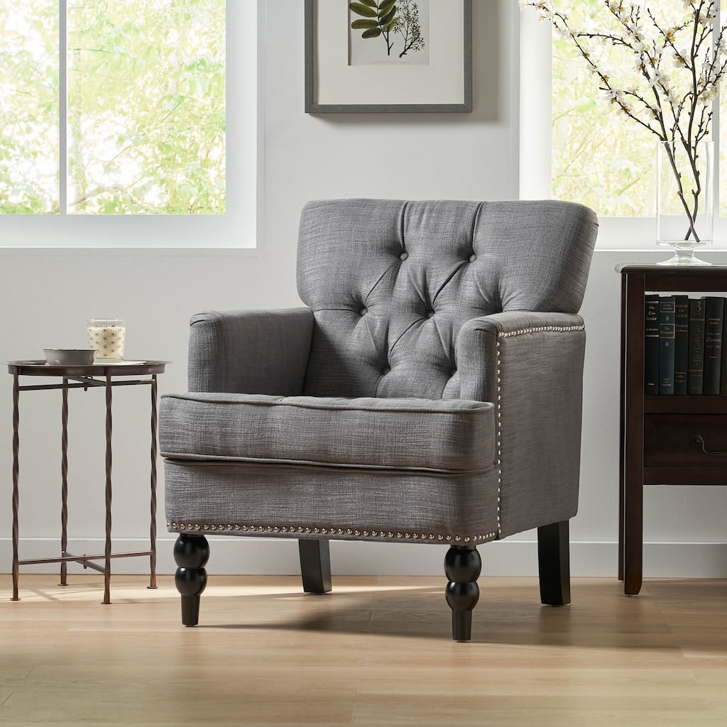 Roomfitters Tufted Club Chair, Upholstered Fabric Armchair with Nailhead Trim and Birch Wood Legs