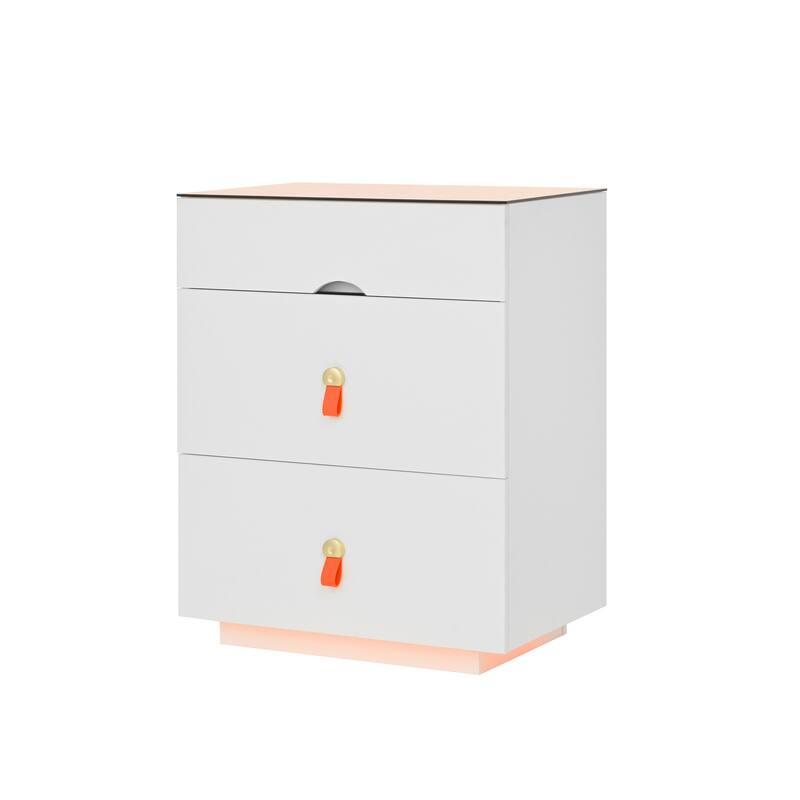 Nightstand with LED Lights & 3 Drawers, Side Table with Glass Top Jewelry Storage Compartments, Small Wood Accent Table