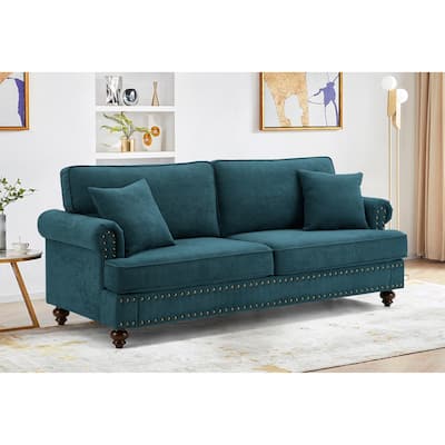 Green 82"Modern Chenille 3 Seater Sofa Couch, with Brown Legs, 2 Pillow and Removable Cushions, Back
