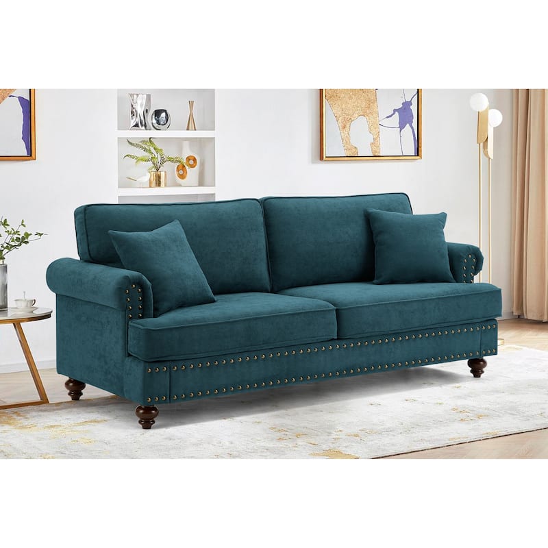 Luxurious Green Chenille Sofa with Rolled Arms and Brown Legs, Elegant Comfort for Any Room - Green