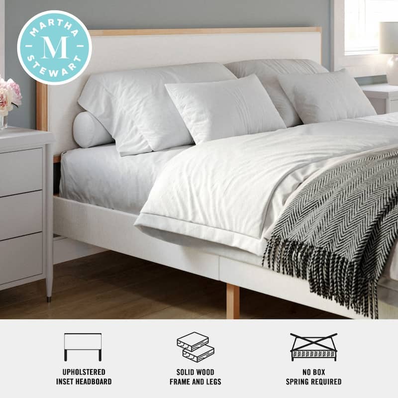 Martha Stewart Wooden Platform Bed with Upholstered Base and Triple Inset Headboard