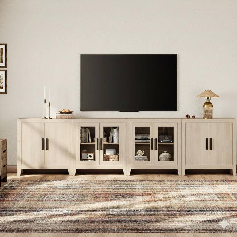 WAMPAT Large Farmhouse TV Stand with Glass Door & Cabinet Storage, Rustic Media Console for up to 110-inch TVs - Beige