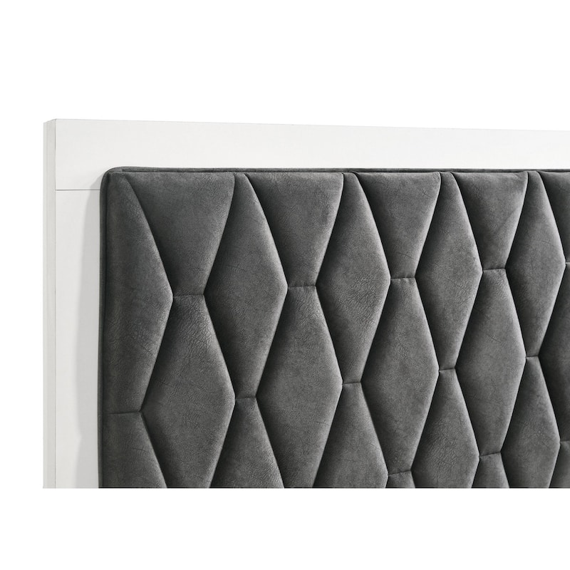 Noro California King Bed, White Melamine, Hexagonal Tufted Upholstery