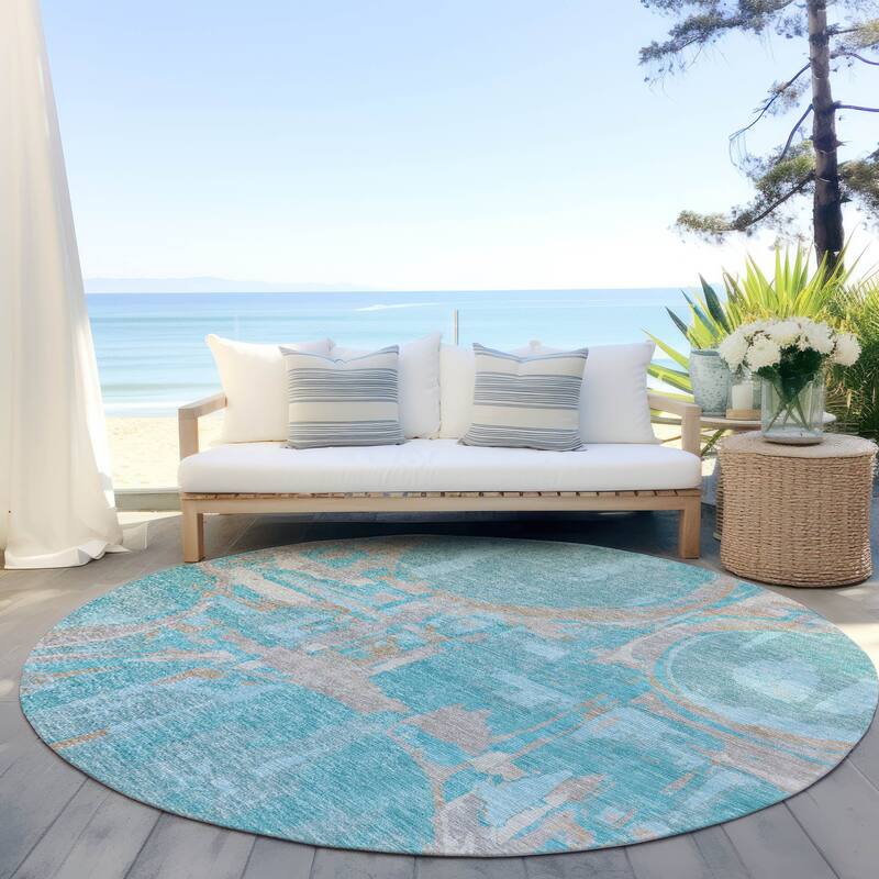 Machine Washable Indoor/ Outdoor Chantille Contemporary Abstract Rug - Teal - 8' x 8'
