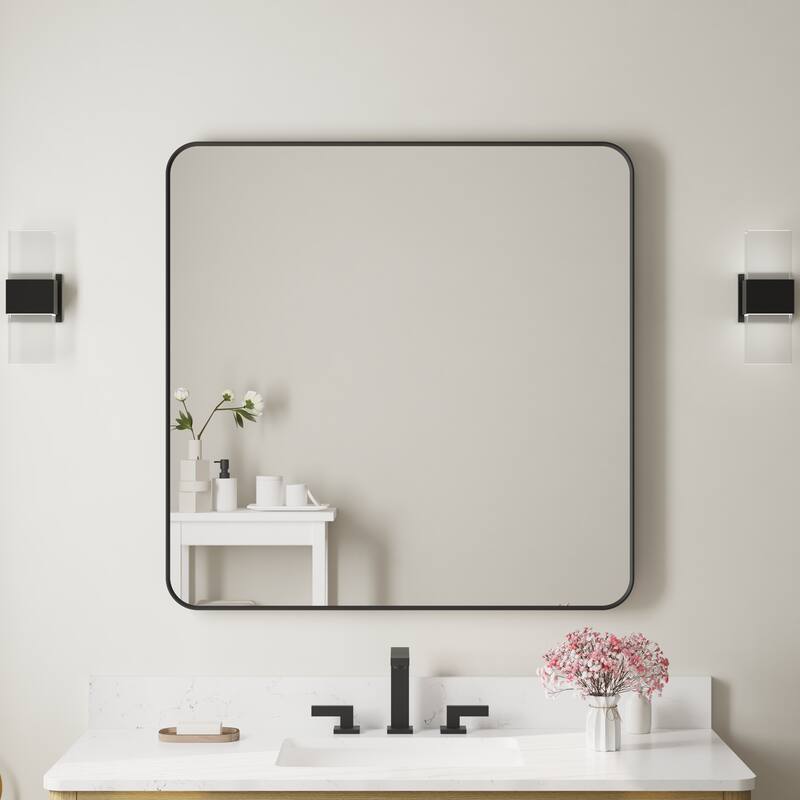Modern Bathroom Rectangular Wall Mounted Anodized Aluminum Framed Vanity Mirror - 36 in.Wx 36 in.H - Matte Black