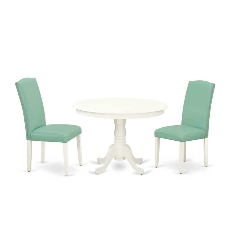 Round Dining Table Set 3pc - 42" Table & 2 Parsons Chairs - Modern PU Leather & Linen White Legs