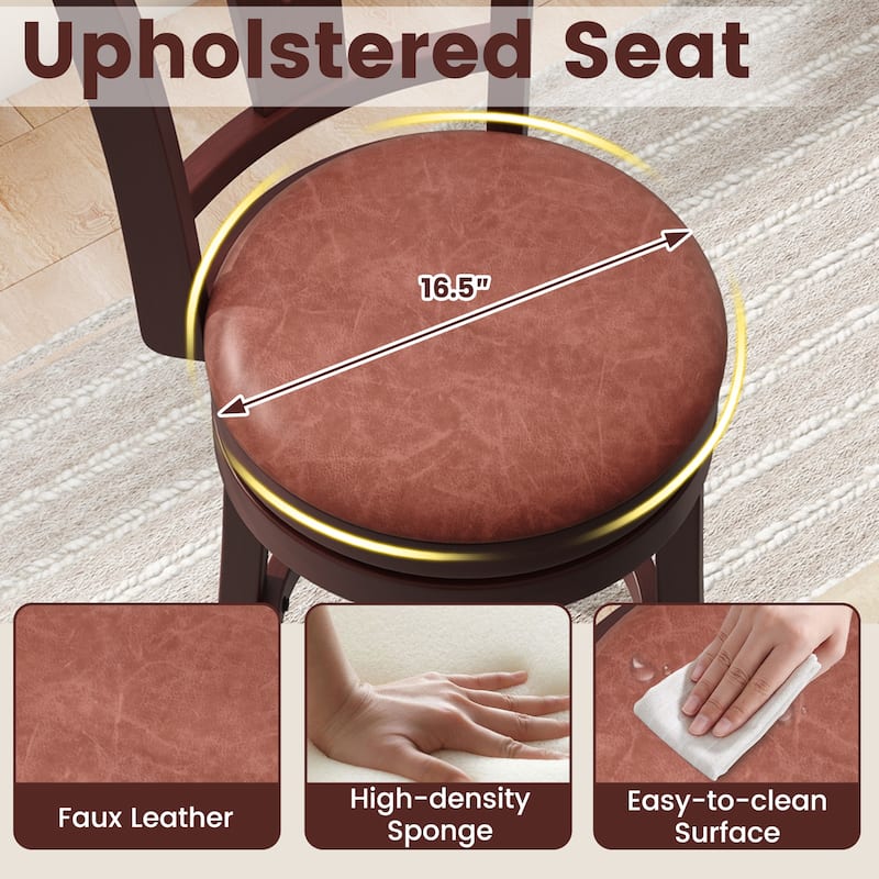 Cappuccino Swivel Bar Stools with Faux Leather Seat Wooden Frame for Kitchen Island Dining Room Pub