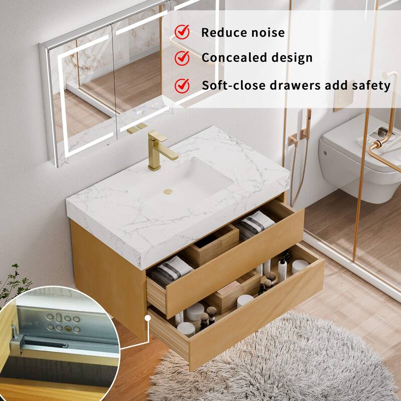 Modland 36" Floating Modern Bathroom Vanity with Single Sink,Maple Wood Wall Mounted Vanity with Marble Countertop - 36 Inch