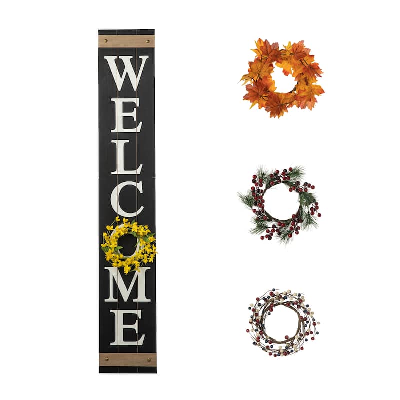 Glitzhome 60"H Wooden Welcome Porch Sign with 4 Floral Wreaths for Fall Halloween Thanksgiving Christmas Decoration