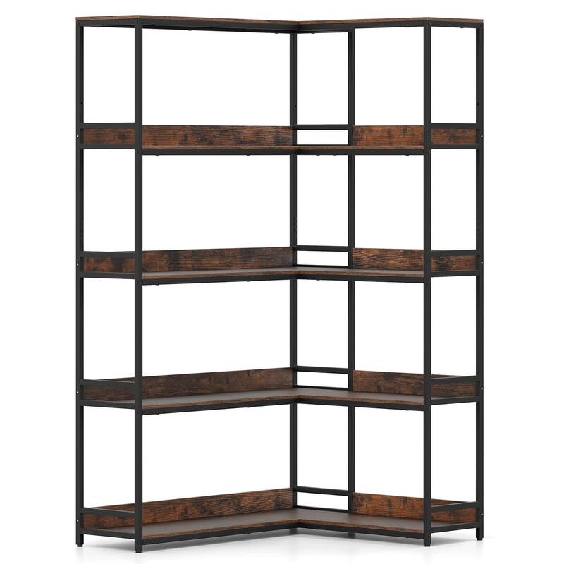5-Tier Industrial Wood Open Corner Bookcase 90 Degrees Large Bookshelf - Brown