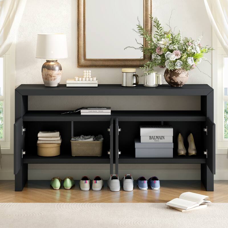 60" 4-Door Sideboard, Modern Minimalist Solid Wood Veneer Sideboard with Open Shelf, Natural Wood Grain