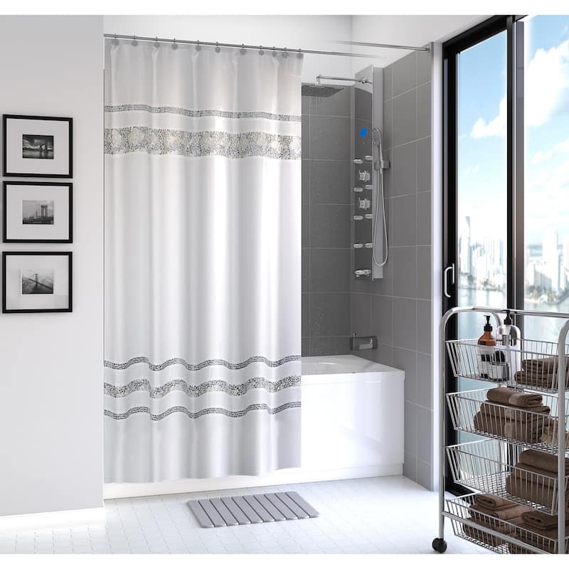 Spa Tile White Soft Fabric Shower Curtain with Multicolor Embroidered Tile Bands - 70"x75" - White