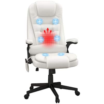 White PU Leather 360° Swivel High Back Office Recliner with Vibration Massage, Lumbar Heating, and Adjustable Height