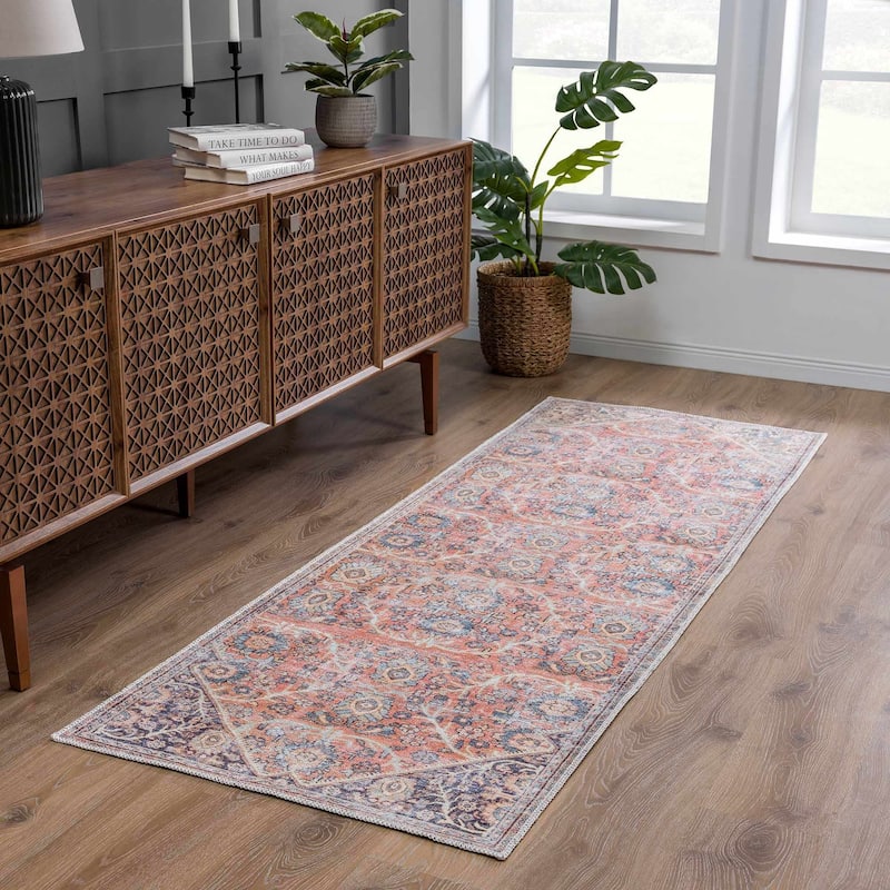 Hauteloom Georgia Machine Washable Persian Oriental Traditional Area Rug - 2'7" x 7'3" - Peach, Pink, Aqua, Dark Blue, Brown, Off White