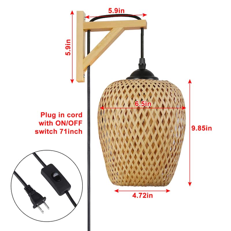 Modern Bamboo Plug in Wall Light Fixture with Switch - Farmhouse Hand Woven Rattan Drop-Shaped Wicker lampshade for Living Room