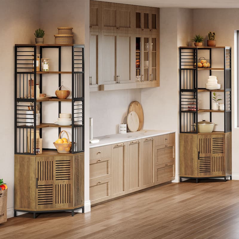 78 Inch Tall Corner Shelf with Cabinet, Industrial Bookshelf with Door