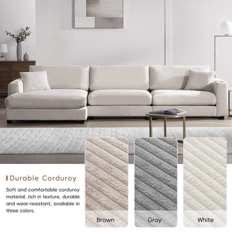 Corduroy Sectional Sofa with Chaise, USB Ports, Cup Holders - Comfy Living Room Furniture