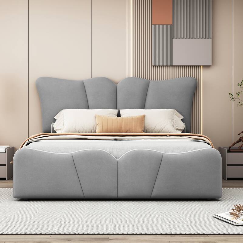 Full Size Upholstered Velvet Platform Bed Frame with Elegant Headboard, Sturdy Wooden Frame and Footboard Design for Bedroom