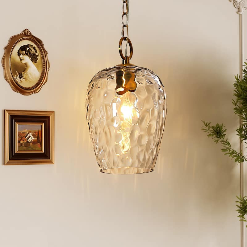 Modern Hammered Glass Pendant with 60'' Adjustable Chain, Thick Textured Shade - Gold + Transparent