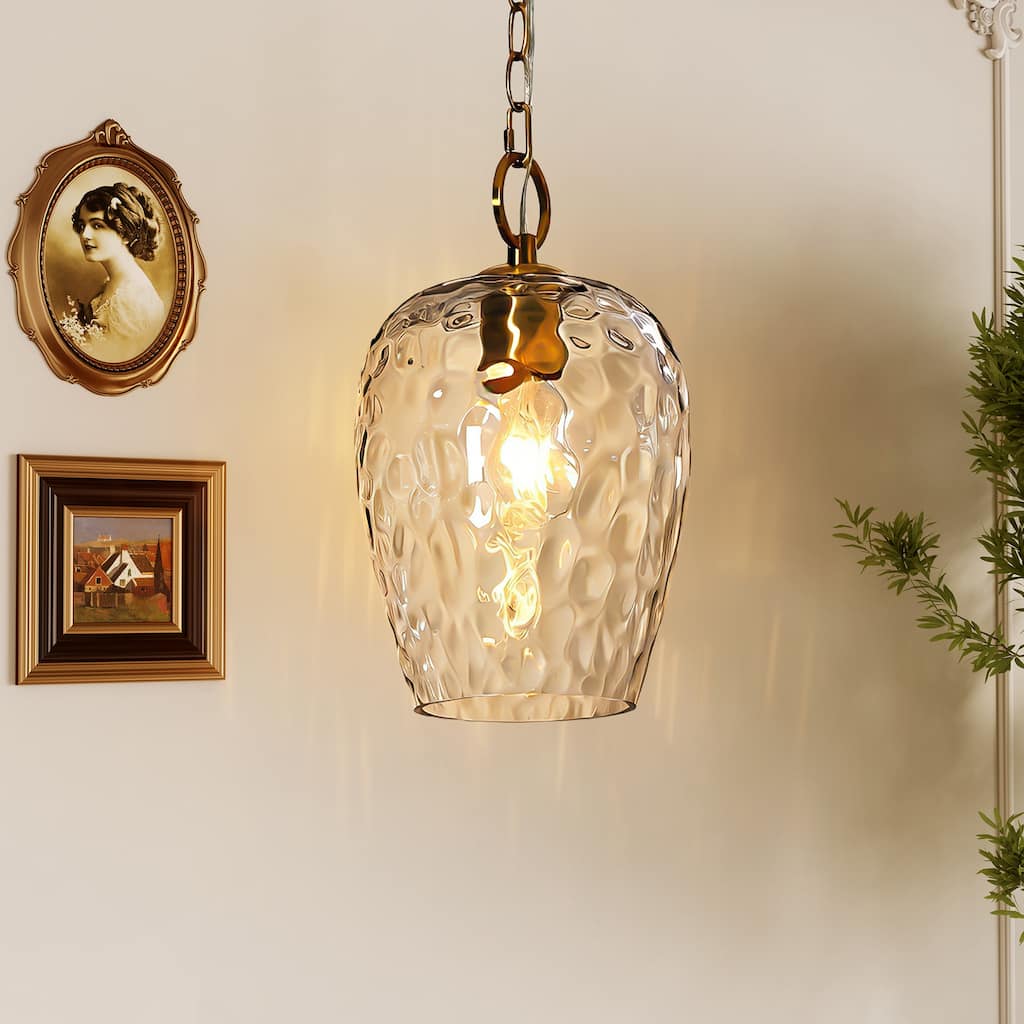 Modern Hammered Pendant with 60'' Adjustable Chain, Thick Textured Glass Shade