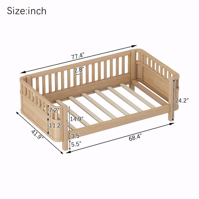 Wood Platform Bed for Kids, Low Profile Wooden Full Bed with Rails