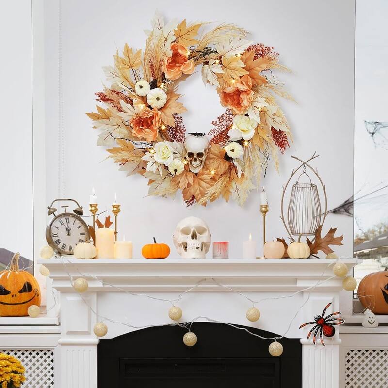 22 Inch Halloween Wreath with Lights White Pumpkins Roses