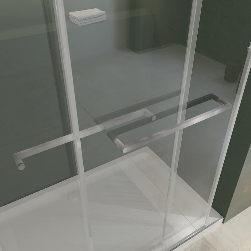 Double Sliding Door Soft-Closing System Frameless Corner Shower Enclosure in Matte Black 5/16 in.Tempered Glass