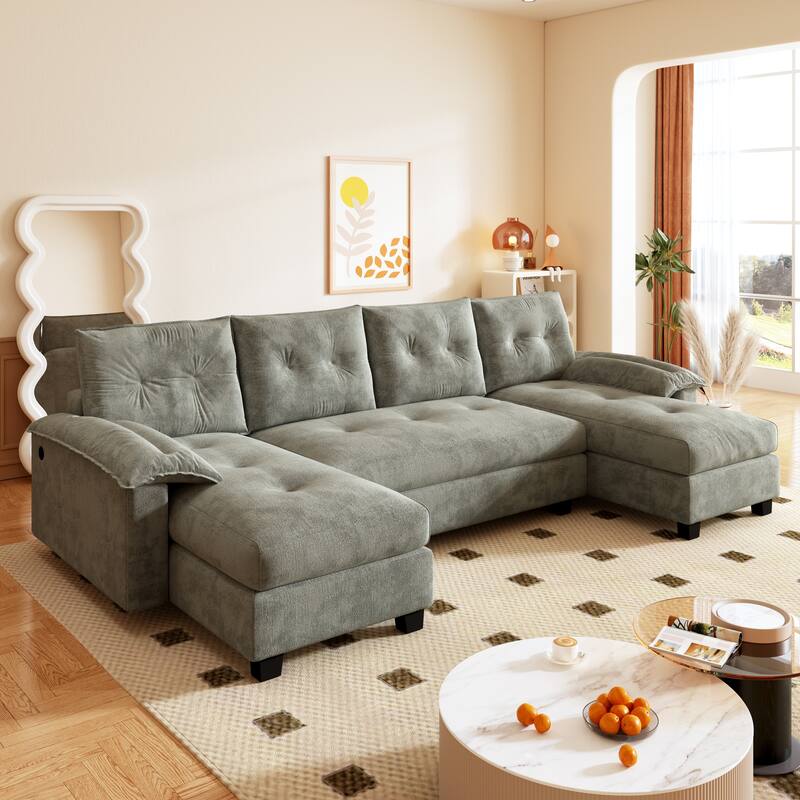 104.7" U-Shaped Sleeper Sofa, Convertible Sectional Couch with Pull-Out Bed, Removable Armrests, USB Ports & Chaise Lounge
