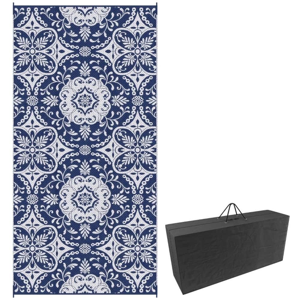 Reversible Outdoor Rug Large Picnic Blanket with Carry Bag for Camping, RV Trips and Backyard Use Blue White Floral