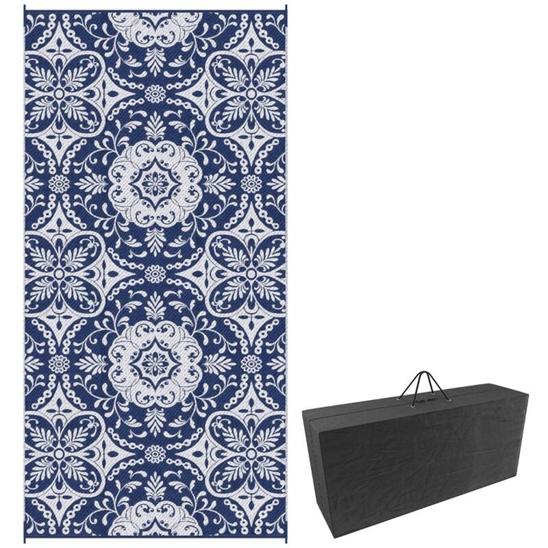 Reversible Outdoor Rug Large Picnic Blanket with Carry Bag for Camping, RV Trips and Backyard Use Blue White Floral - Blue-White