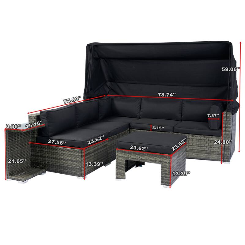 7 Piece Patio Furniture Set, Outdoor Rattan Sectional Sofa Set with Retractable Canopy, Cushions and Coffee Table